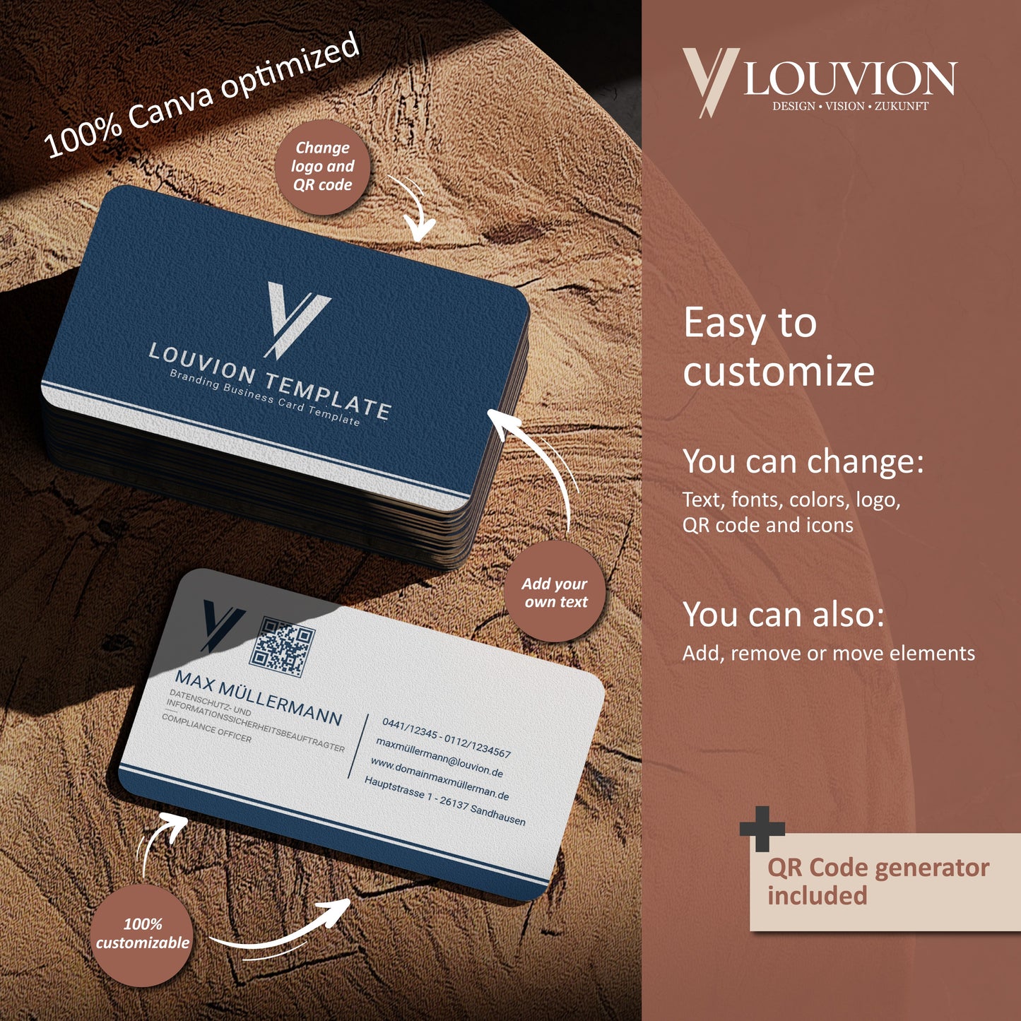 Personalisierbare Visitenkarten Canva Vorlage mit QR-Code Generator als professionelles Business Branding Kit zum Download.