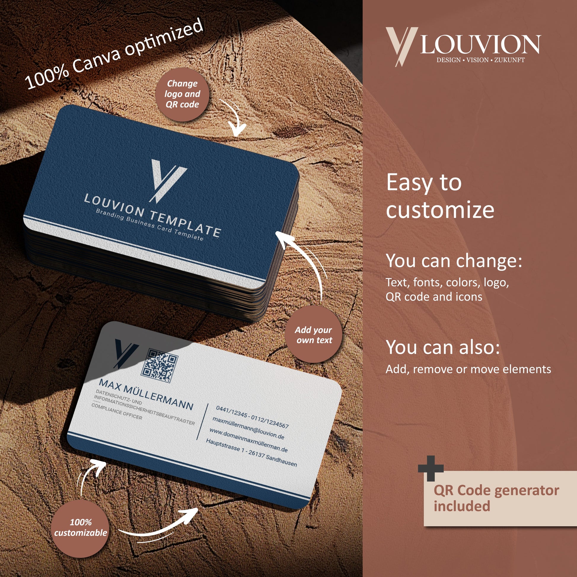 Personalisierbare Visitenkarten Canva Vorlage mit QR-Code Generator als professionelles Business Branding Kit zum Download.