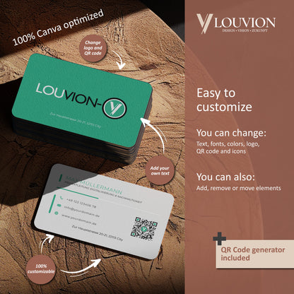 Vollständig anpassbares Visitenkarten Canva Template mit integriertem QR-Code Generator für individuelles Business Branding.