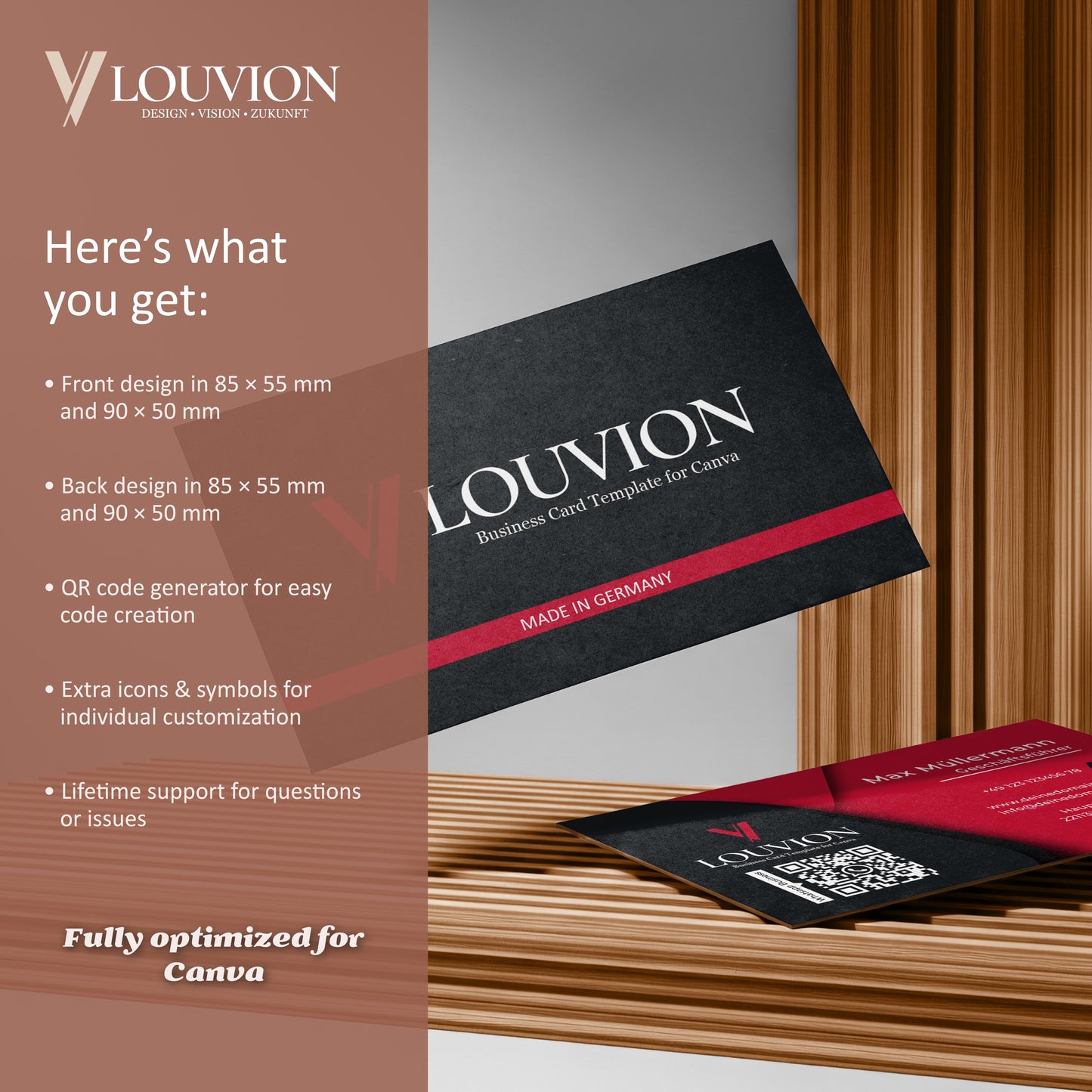 Übersicht des Business Branding Kit Designs: Canva Visitenkarten Vorlage mit QR-Code und Icons als digitaler Download.