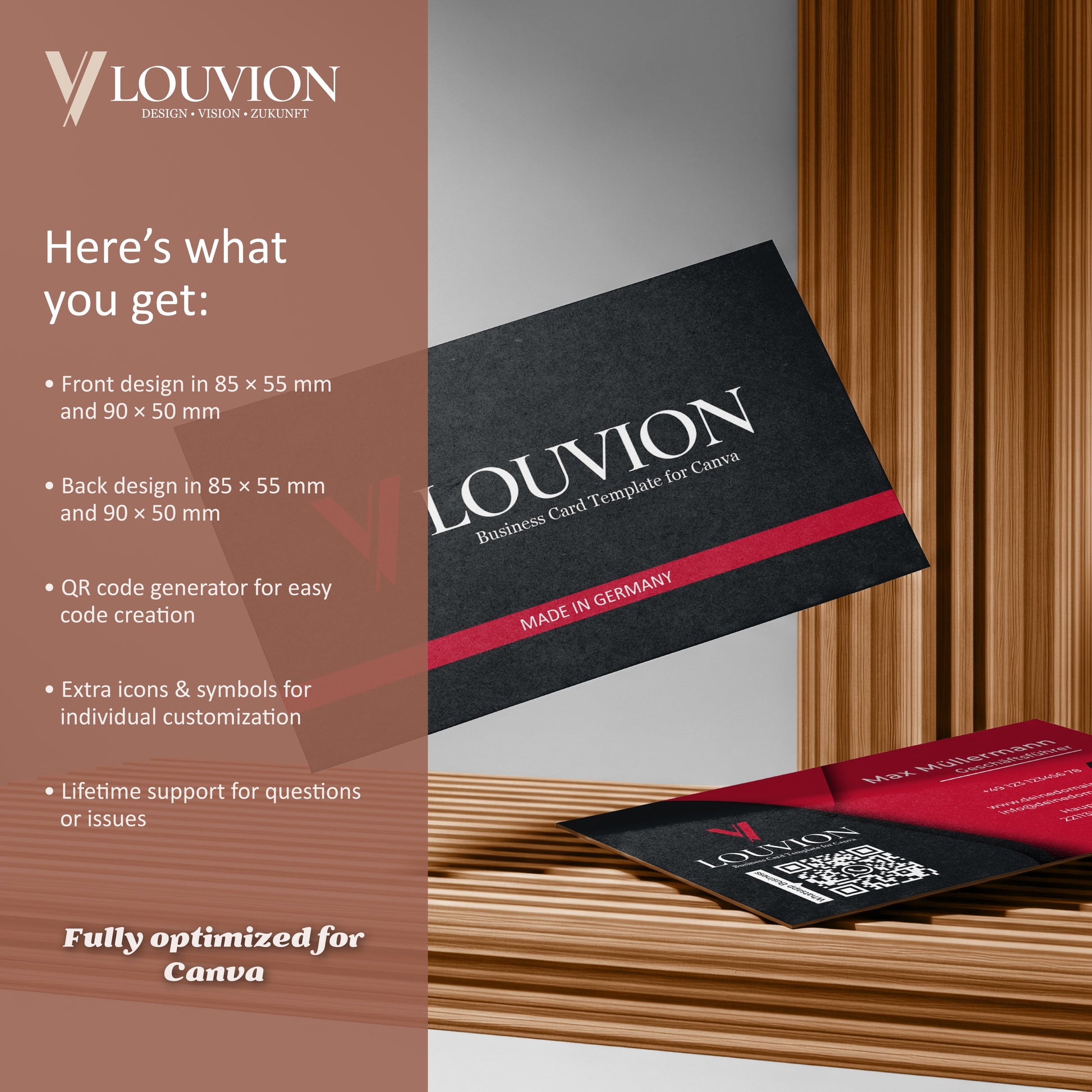 Übersicht des Business Branding Kit Designs: Canva Visitenkarten Vorlage mit QR-Code und Icons als digitaler Download.