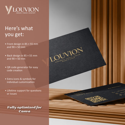 Vollständiges DIY Branding Kit für personalisierte Canva Visitenkarten Vorlagen inklusive QR-Code und Business Icons.