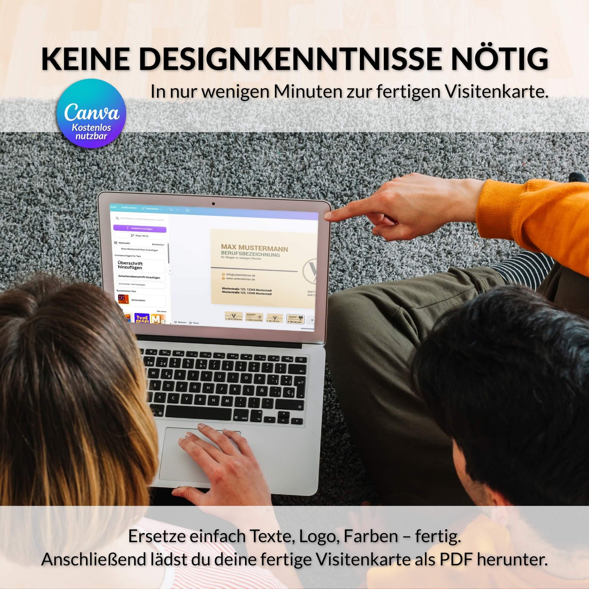 Visitenkarten Vorlage in Beige wird in Canva am Laptop bearbeitet – Texte, Logo und Farben lassen sich ohne Designkenntnisse anpassen – Louvion.de