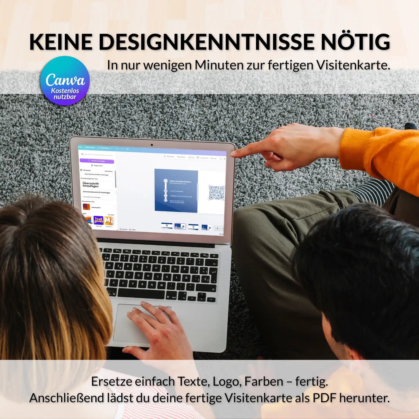 Visitenkarten Vorlage in Canva einfach bearbeiten – blaue Visitenkarte mit anpassbarem Logo, QR-Code und Texten ohne Designkenntnisse, Louvion.de
