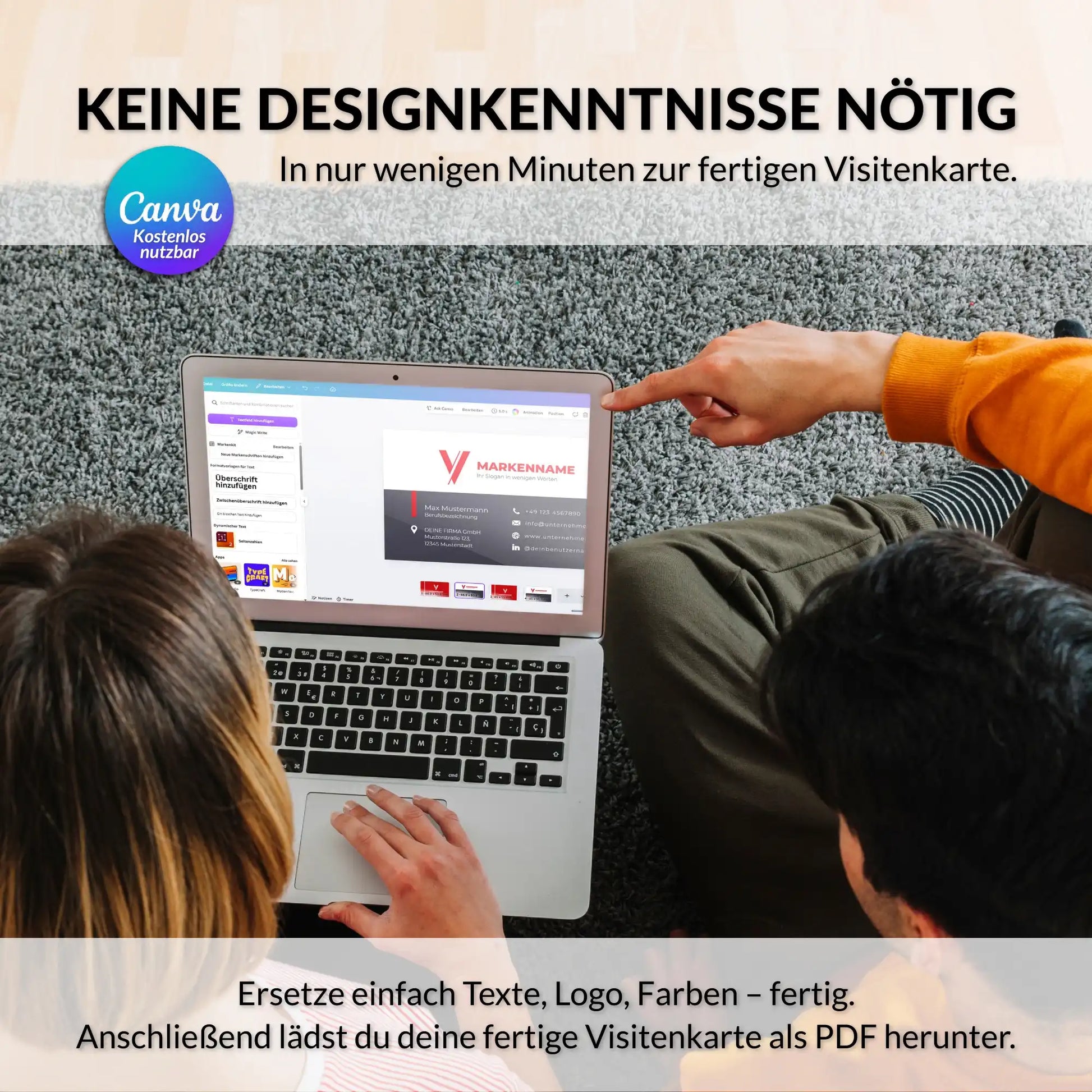 Visitenkarten Vorlage in Canva einfach personalisieren ohne Designkenntnisse mit anpassbarem Logo, Farben und Texten am Laptop, Louvion.de