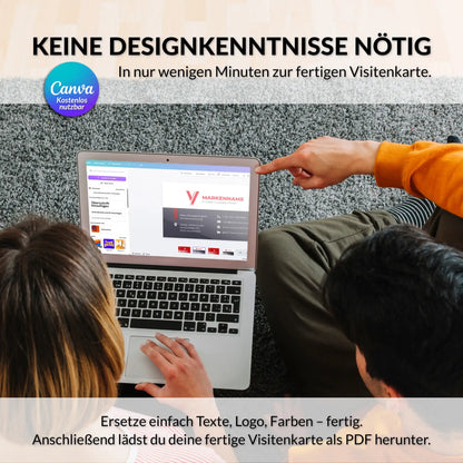 Visitenkarten Vorlage in Canva einfach personalisieren ohne Designkenntnisse mit anpassbarem Logo, Farben und Texten am Laptop, Louvion.de